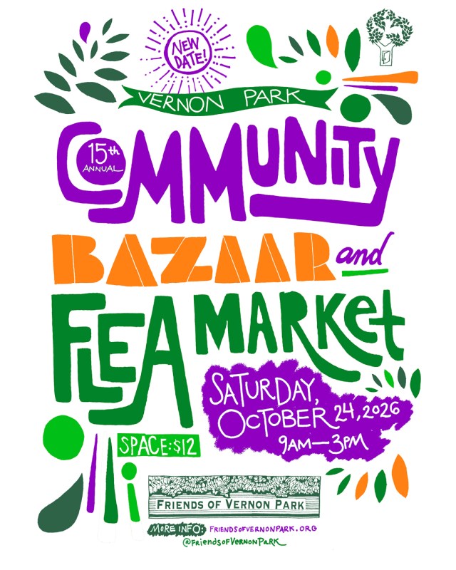 colorful poster with lettering promoting Community Bazaar and Flea Market October 24, 9am to 3pm in Vernon Park.