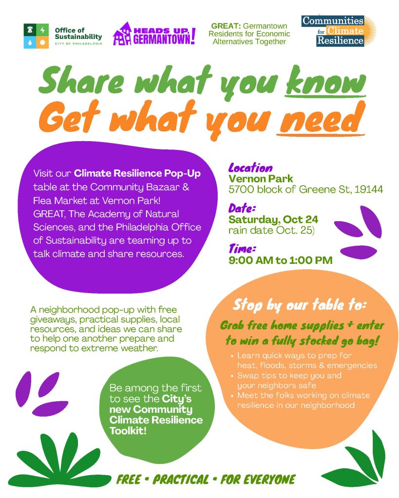 Colorful flyer promoting Germantown Residents for Economic Alternatives Together (GREAT) Climate Resilience pop up at the Bazaar, 9 am to 1 pm.